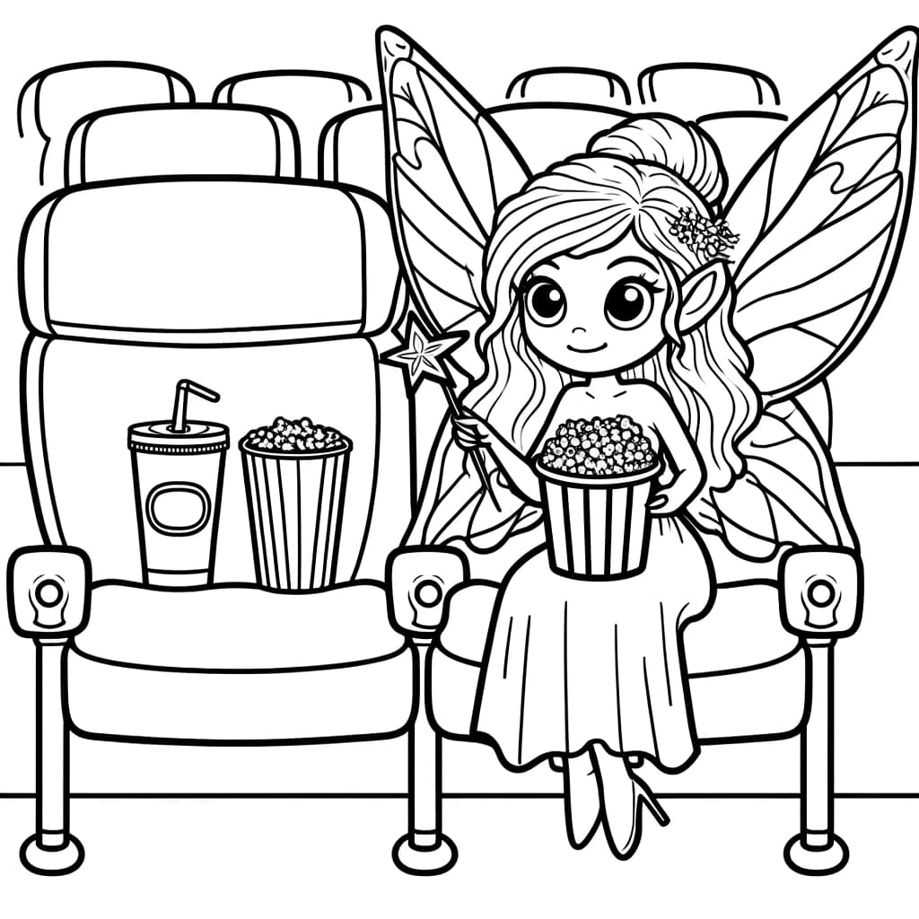 Ausmalbild - Fee im Kino - Popcorn, Softdrink, Filmleinwand