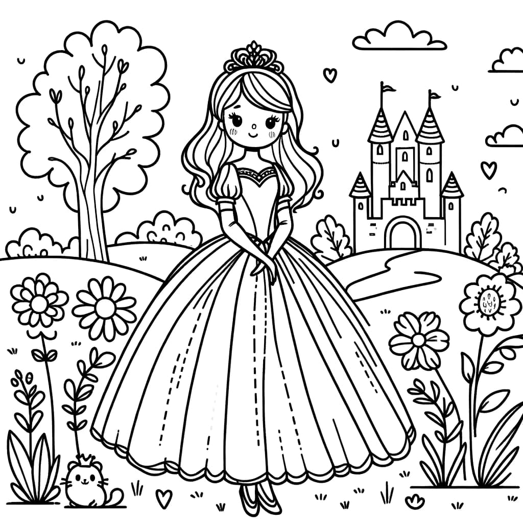 Ausmalbild - Prinzessin im Garten - Prinzessin, Garten, Blumen, Schloss
