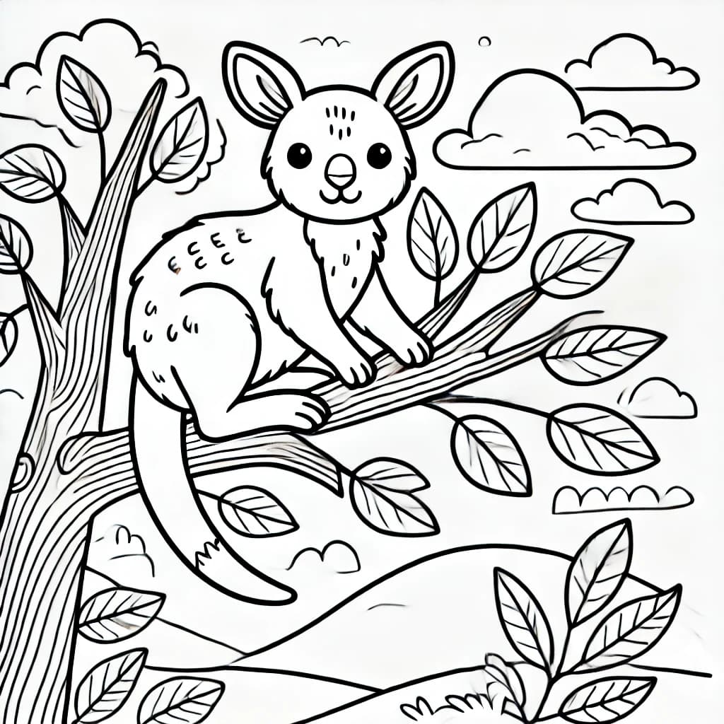 Ausmalbild - Baumkänguru im Dschungel - Baumkänguru, Dschungel, Baum, Blätter