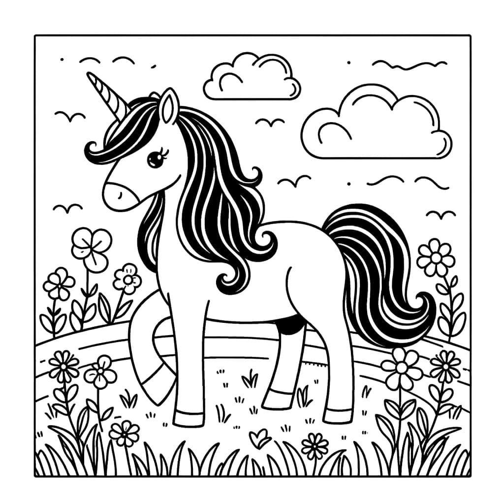 Ausmalbild - Einhorn im Zauberwald - Einhorn, Zauberwald, Blumen, Tiere