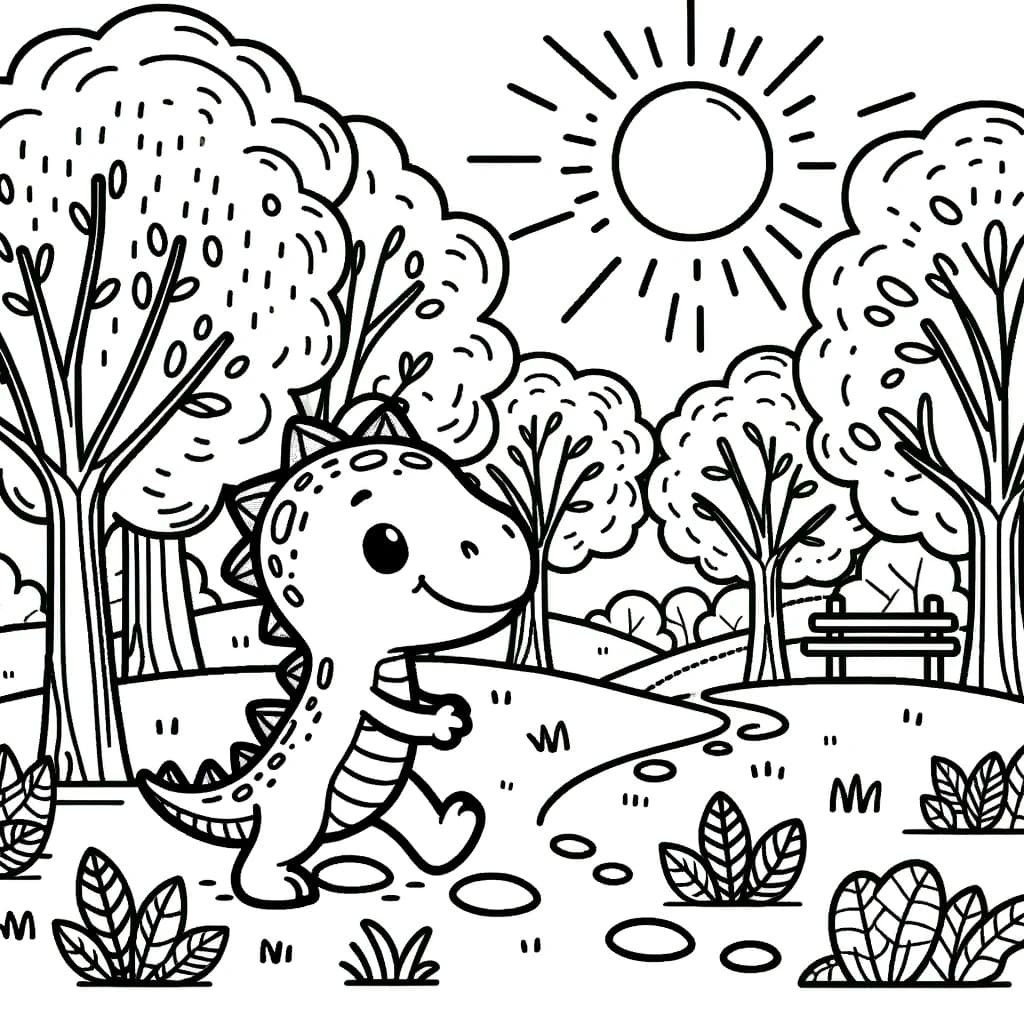 Ausmalbild - Der fröhliche Dinosaurier im Park - Dinosaurier, Park, Bäume, Sonne