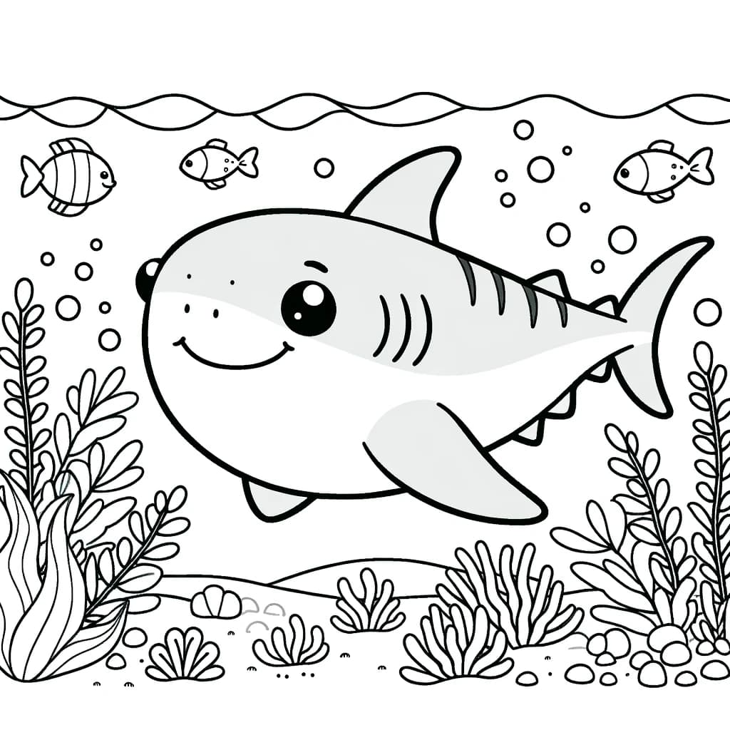 Ausmalbild - Der freundliche Hai - Hai, Unterwasser, Seetang, kleine Fische