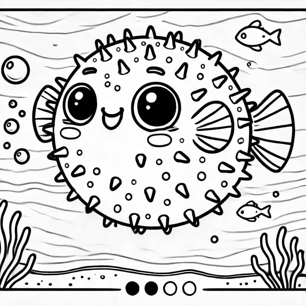 Ausmalbild - Fröhlicher Kugelfisch im Meer - Kugelfisch, Fische, Meer, Blasen
