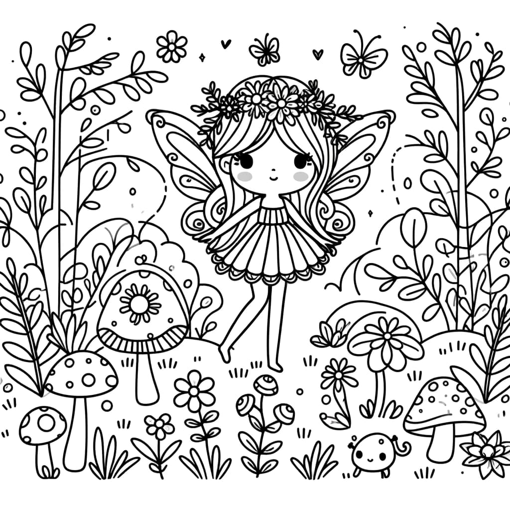 Ausmalbild - Die Feenwelt - Fee, Zauberwald, Blumen, Pilze