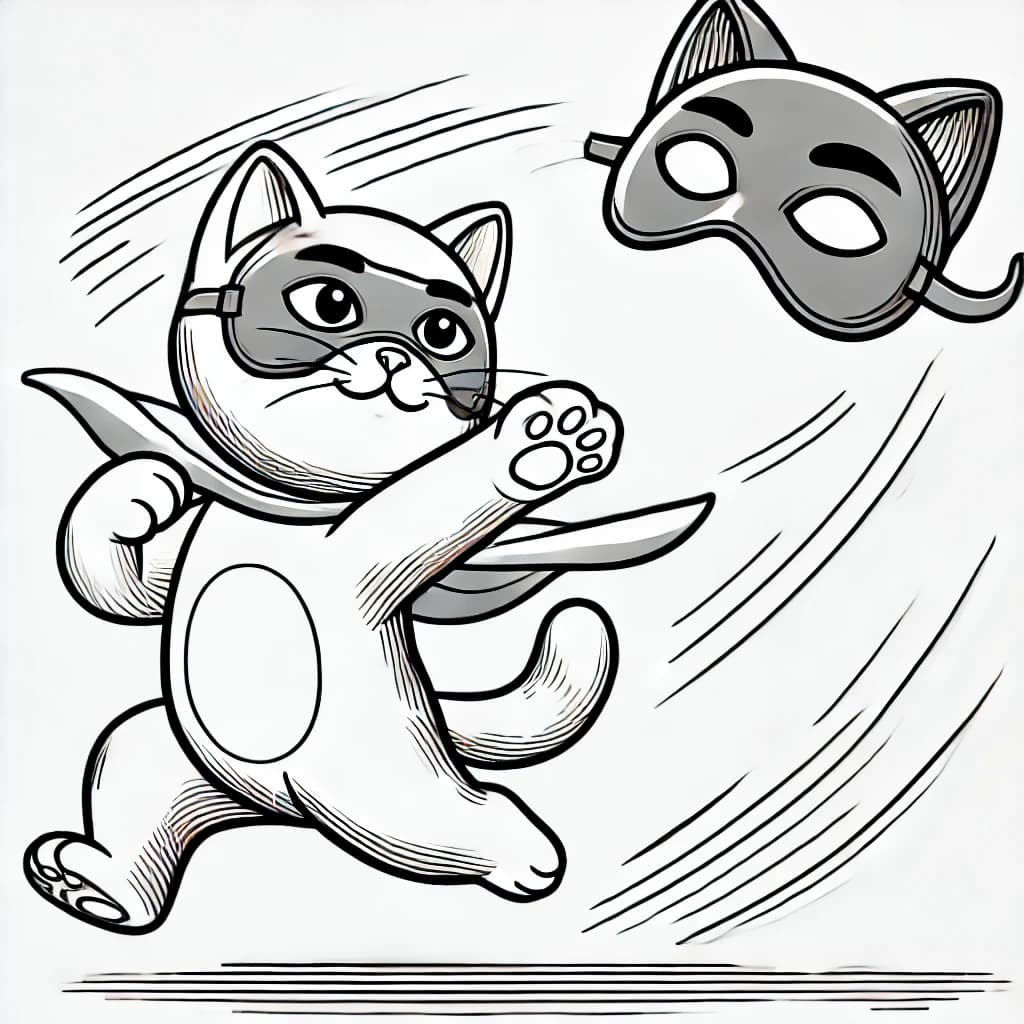 Ausmalbild - Super-Katze jagt ihre Maske - Katze, Superheld, Maske, Spielzeug