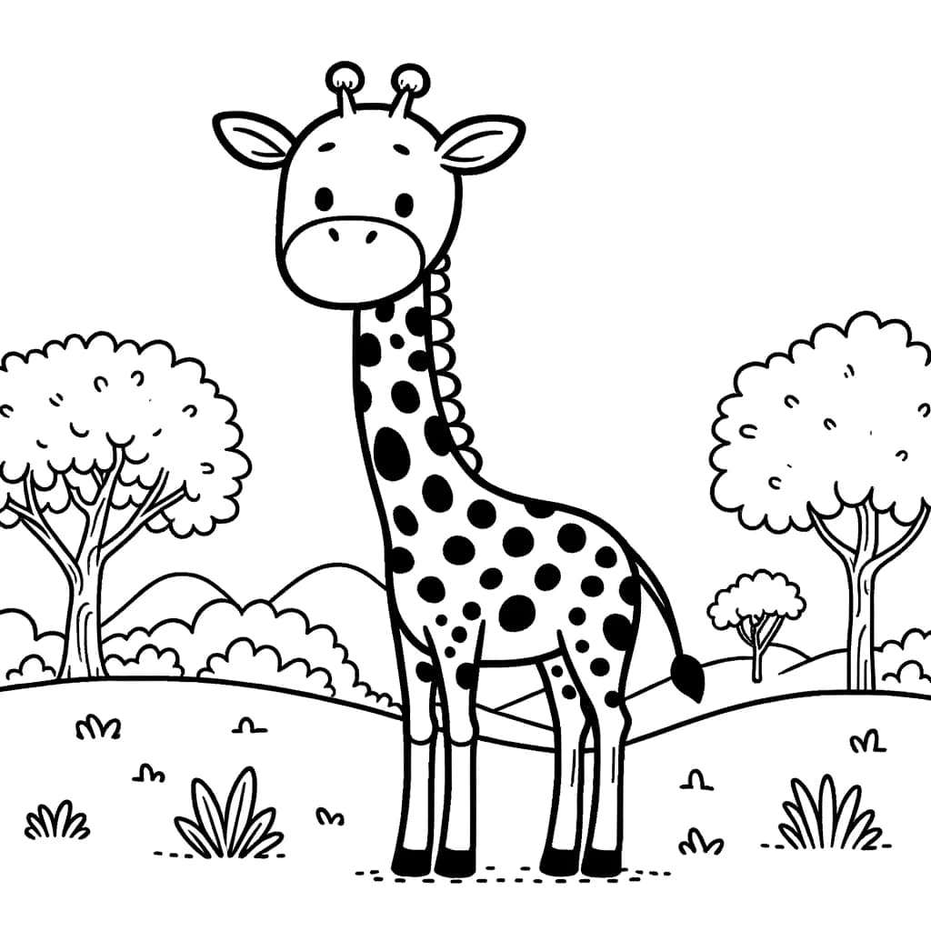 Ausmalbild - Giraffe in der Savanne - Giraffe, Savanne, Bäume, Gras
