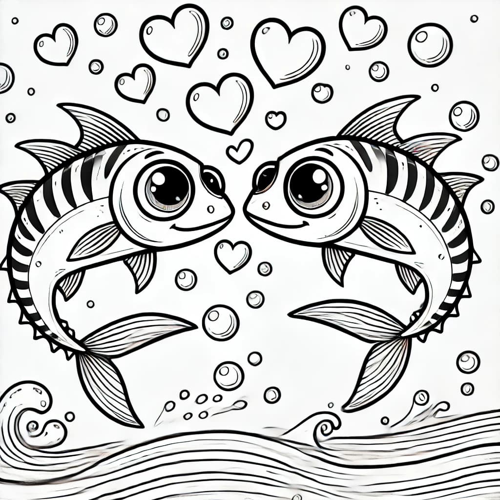 Ausmalbild - Verliebte Makrelen - Makrelen, Fische, Meer, Liebe