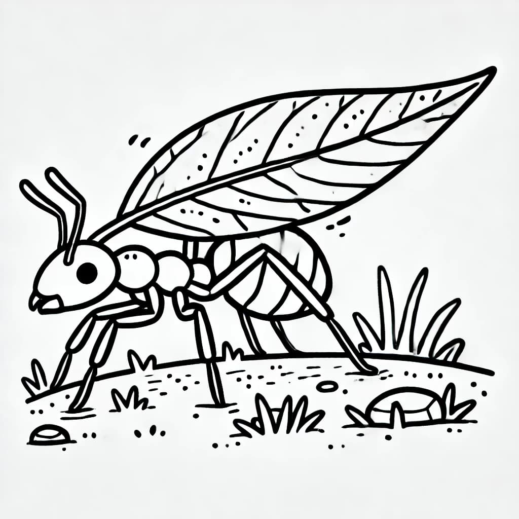 Ausmalbild - Blattschneiderameise mit Blatt - Blattschneiderameise, Ameise, Insekten, Natur