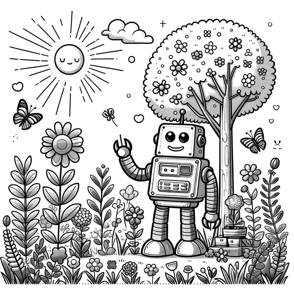 Ausmalbild - Der freundliche Roboter im Garten - Roboter, freundlich, Garten, Blumen