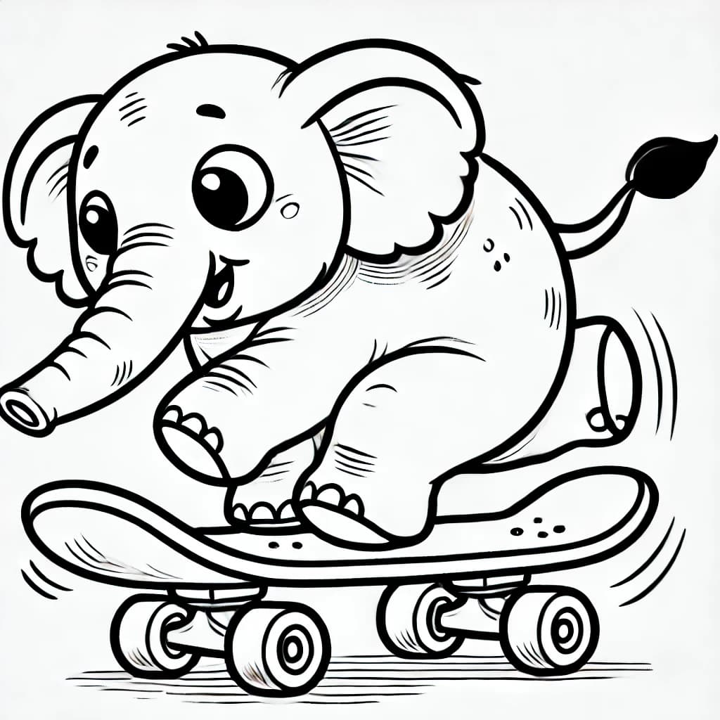 Ausmalbild - Elefant auf Skateboard - Elefant, Skateboard, Balancieren, Tiere