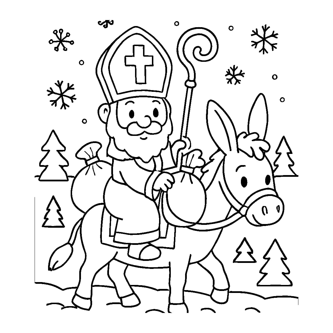 Ausmalbild - Nikolaus auf dem Esel - Nikolaus, Esel, Winter