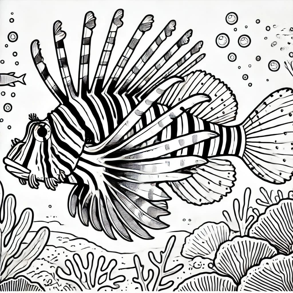 Ausmalbild - Rotfeuerfisch im Ozean - Fisch, Meer, Ozean, Korallen