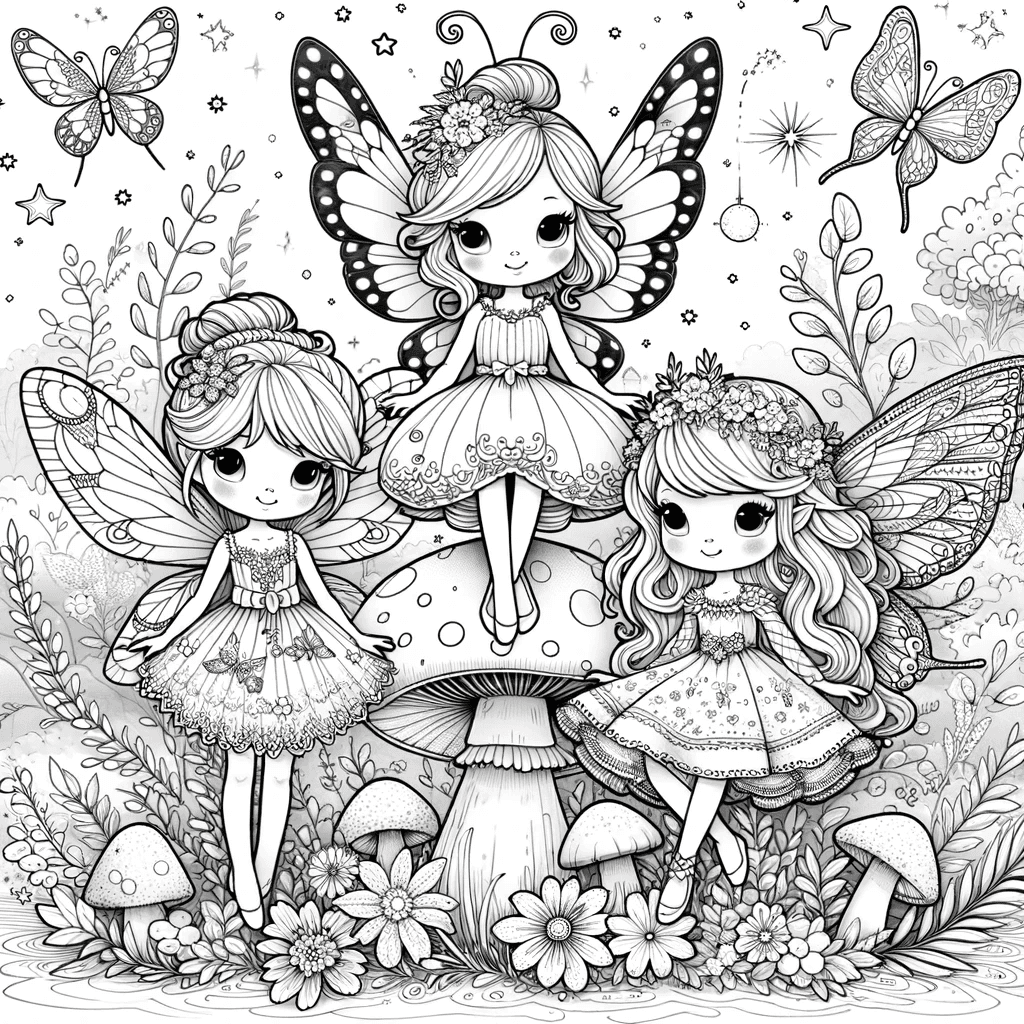 Ausmalbild - Feenzauber im Wald - Feen, Wald, Blumen, Sterne