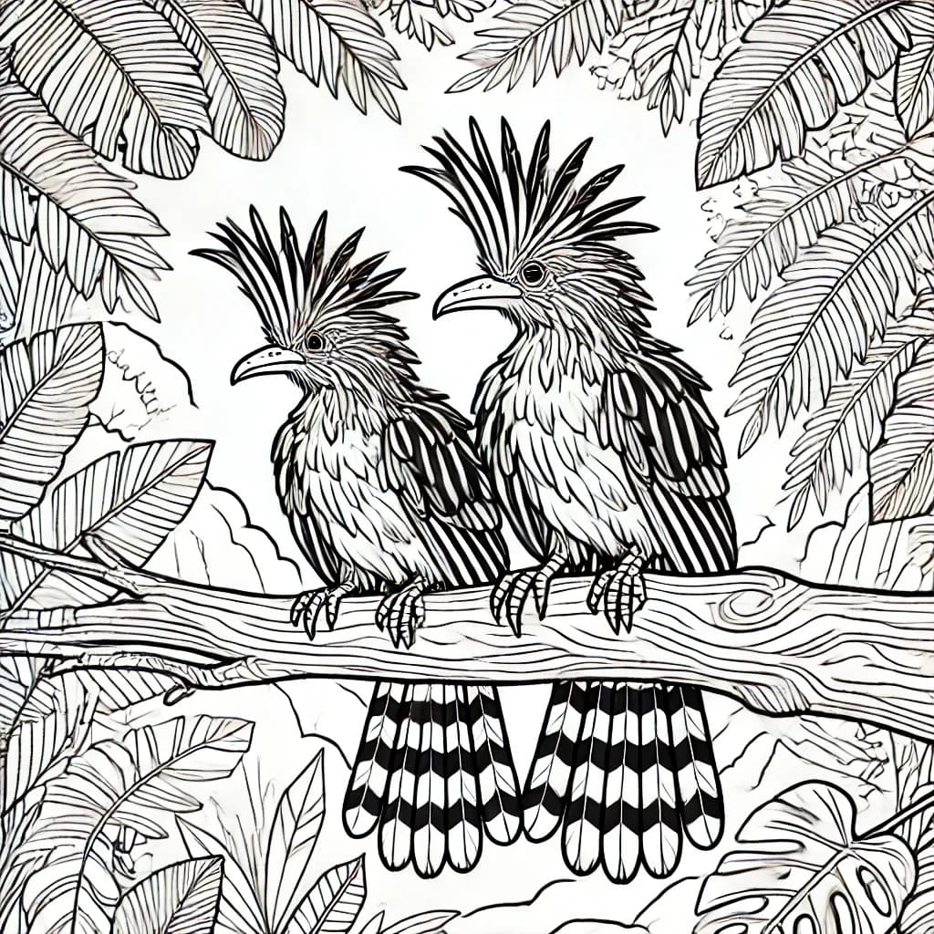Ausmalbild - Zwei Hoatzin im Dschungel - Hoatzin, Vögel, Dschungel, Natur