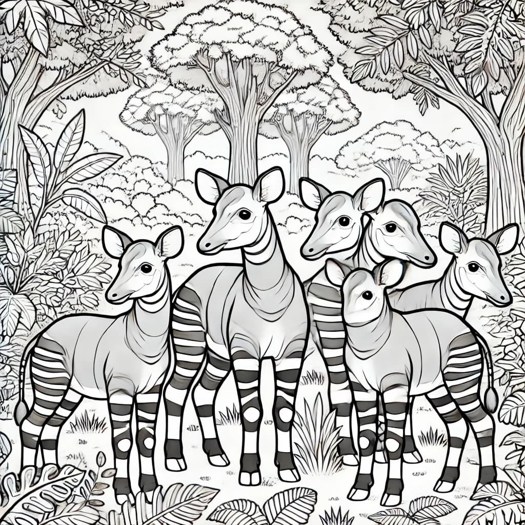 Ausmalbild - Okapis im Dschungel - Dschungel, Tiere, Natur, Streifen