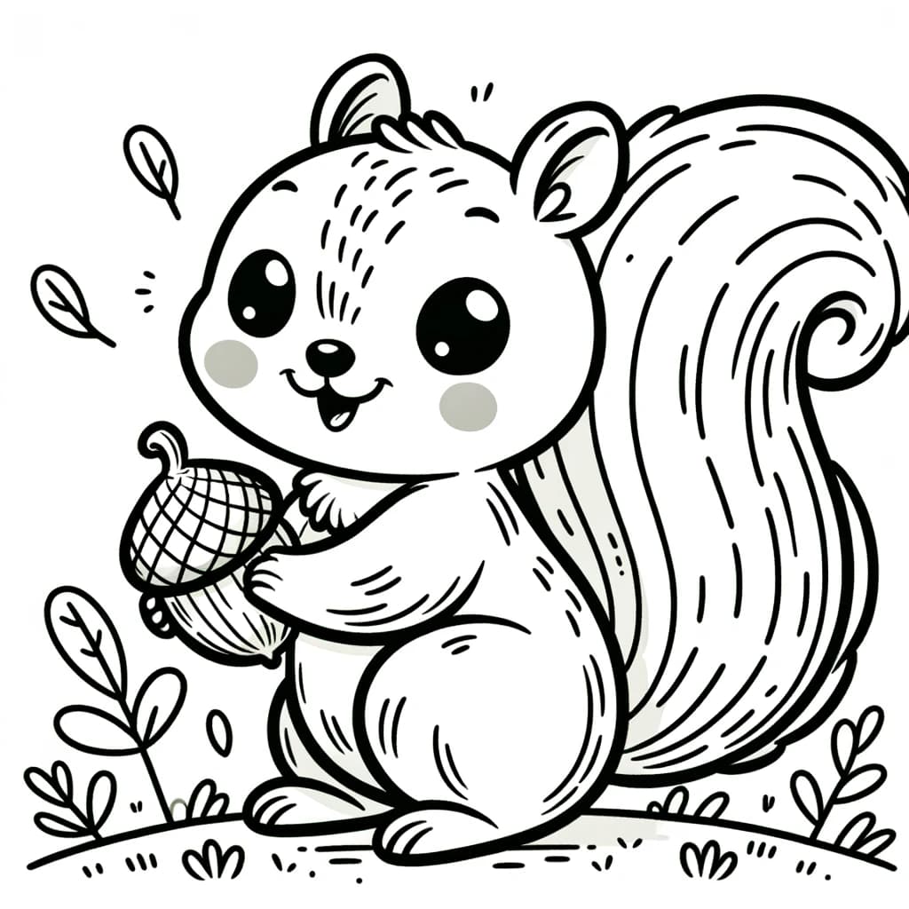 Ausmalbild - Fröhliches Eichhörnchen im Wald - Eichhörnchen, Eichel, Wald, Blätter