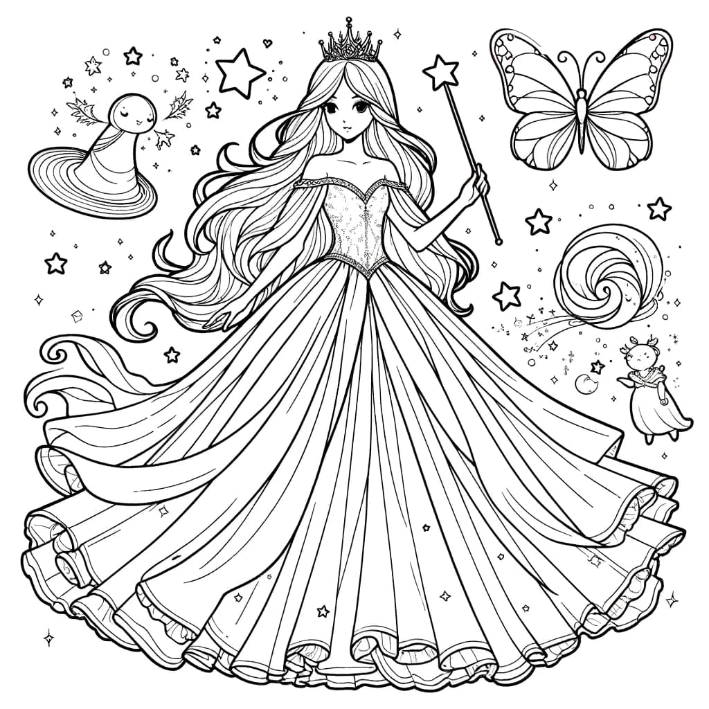 Ausmalbild - Die magische Prinzessin - magische Prinzessin, Zauberstab, Sterne, mystisches Kreatur