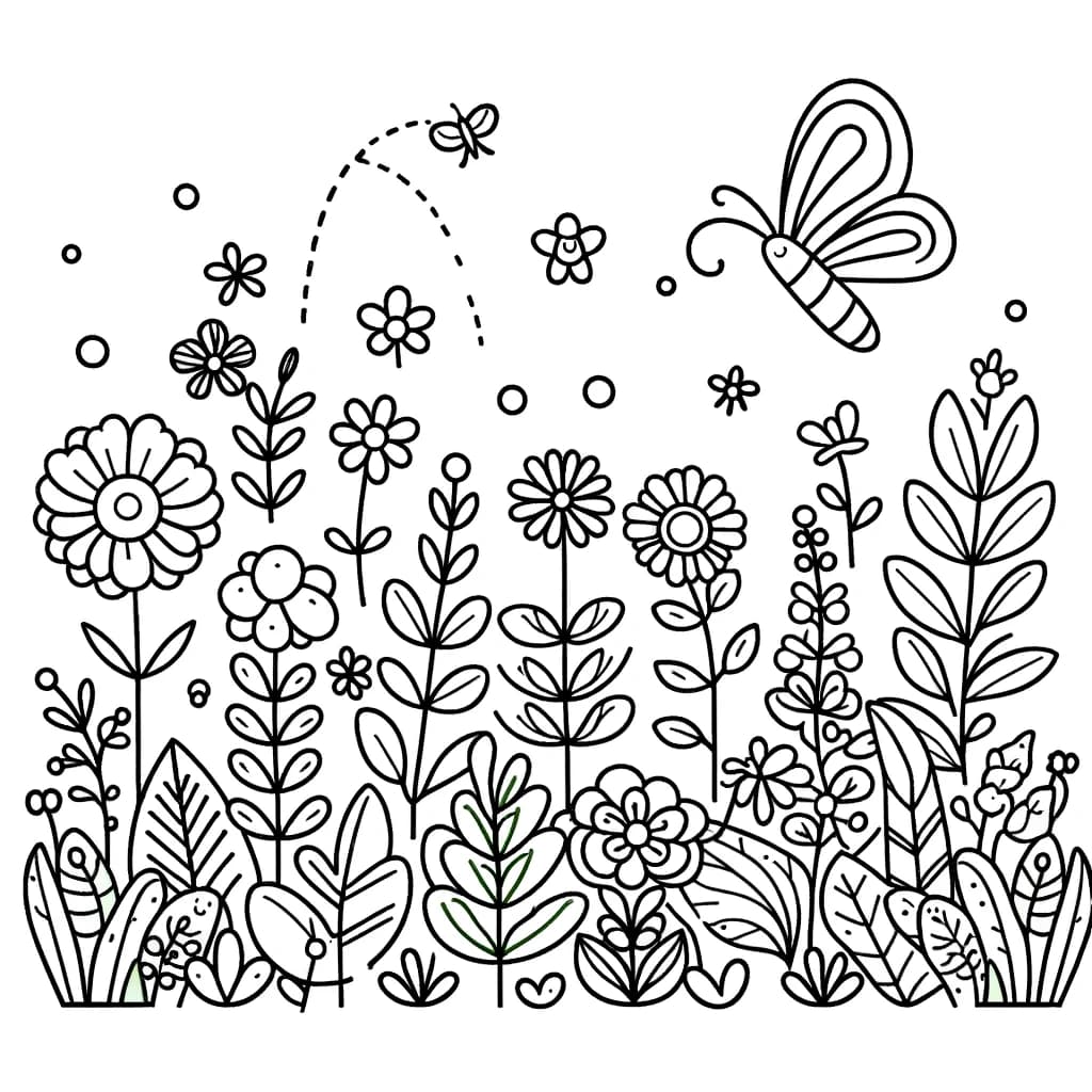 Ausmalbild - Zauberhafter Garten - Garten, Pflanzen, Blumen, Schmetterling