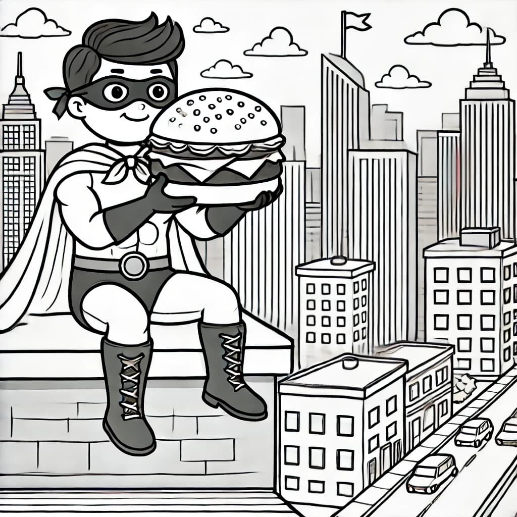 Ausmalbild - Der hungrige Superheld - Superheld, Burger, Stadt, Essen
