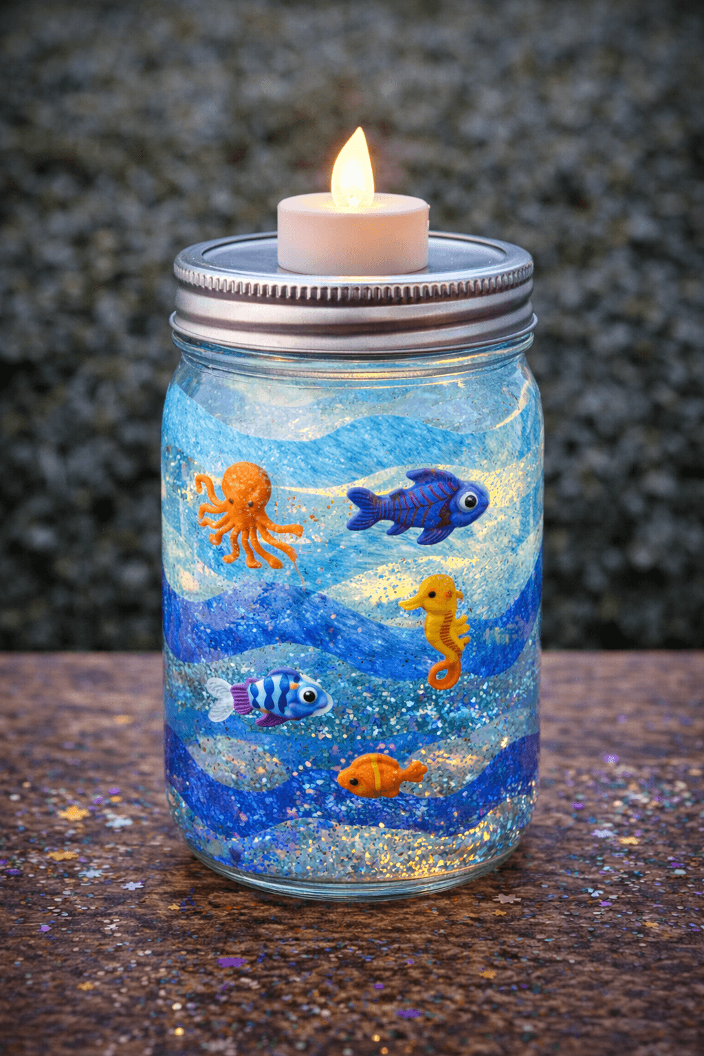 Unterwasser-Laterne basteln aus einem Einmachglas: Anleitung ab 4 Jahren - Leuchtglas mit Meerestieren und blauem Transparentpapier in 30 Minuten – ab 4 Jahren, mit LED-Teelicht statt echter Kerze.