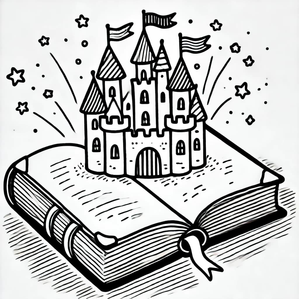 Ausmalbild - Magisches Schlossbuch - Buch, Schloss, Magie, Türme
