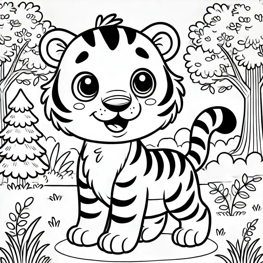 Ausmalbild - Fröhlicher Tiger im Dschungel - Tiger, Dschungel, Tiere, Natur