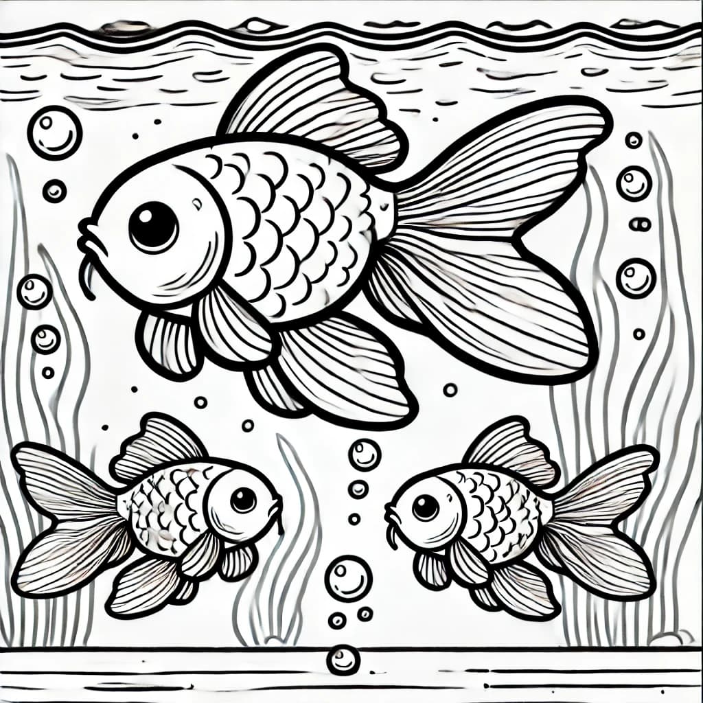 Ausmalbild - Familie Goldfisch - Goldfisch, Fischfamilie, Teich, Blasen