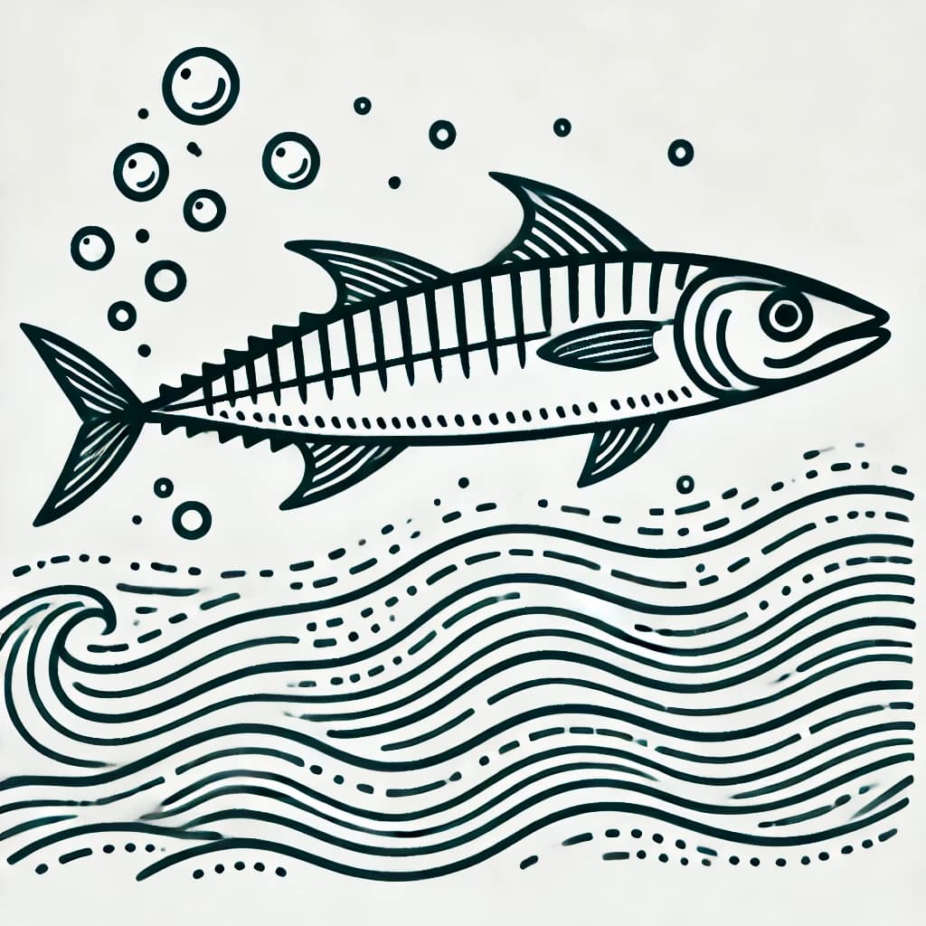 Ausmalbild - Makrele im Meer - Makrele, Fisch, Meer, Wellen