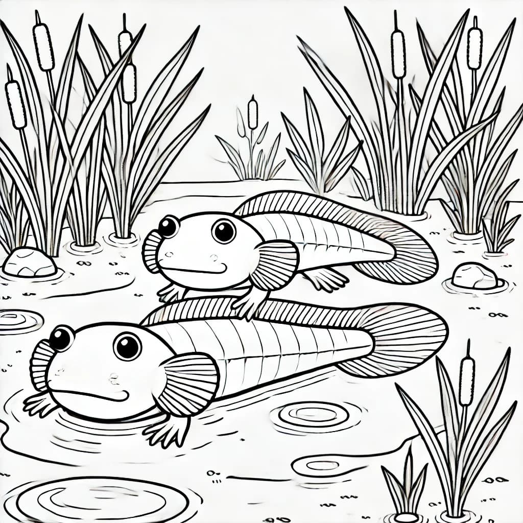 Ausmalbild - Schlammspringer am Ufer - Schlammspringer, Fische, Wasser, Ufer