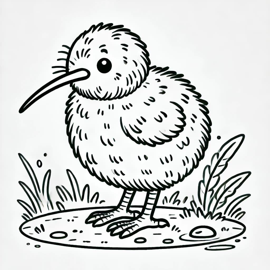 Ausmalbild - Lustiger Kiwi-Vogel - Kiwi, Vogel, Natur, Blätter