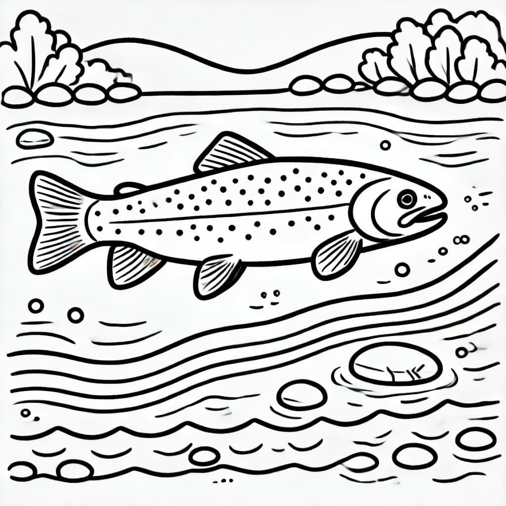 Ausmalbild - Forelle im Fluss - Forelle, Fisch, Fluss, Wasser
