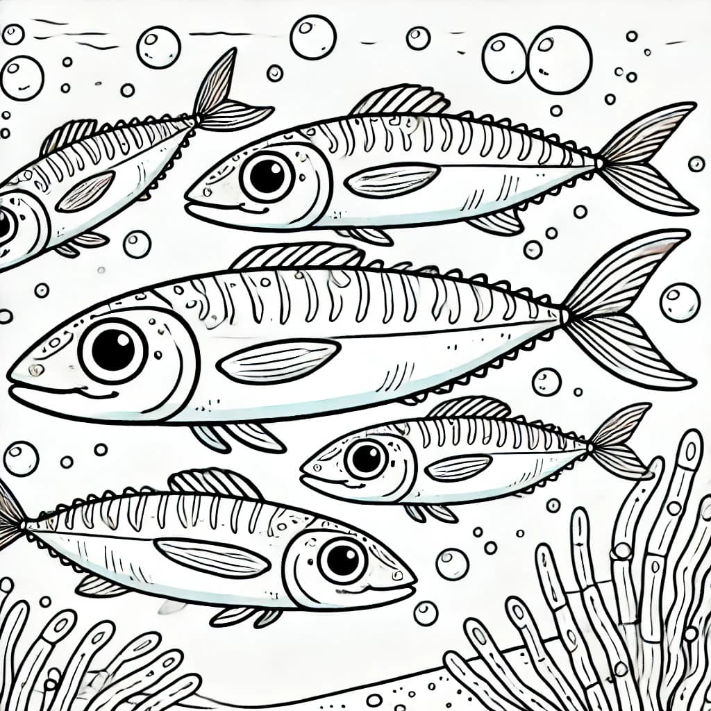 Ausmalbild - Familie Makrele unter Wasser - Makrele, Fischfamilie, Meer, Blasen