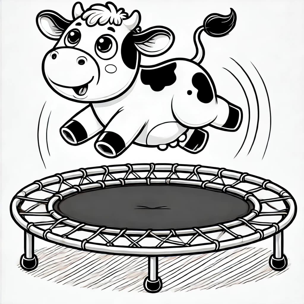 Ausmalbild - Die springende Kuh - Kuh, Trampolin, lustig, Bauernhof