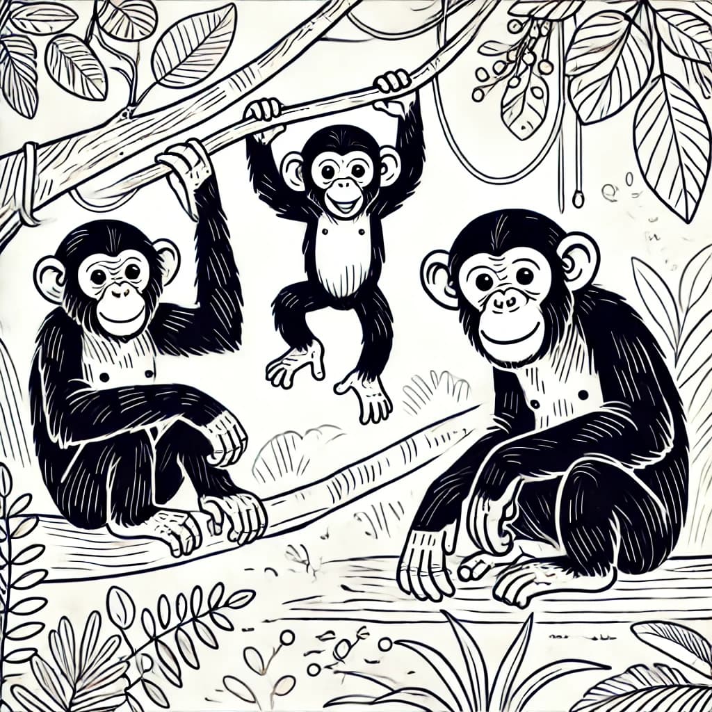 Ausmalbild - Schimpansen-Familie im Dschungel - Schimpanse, Affe, Familie, Dschungel