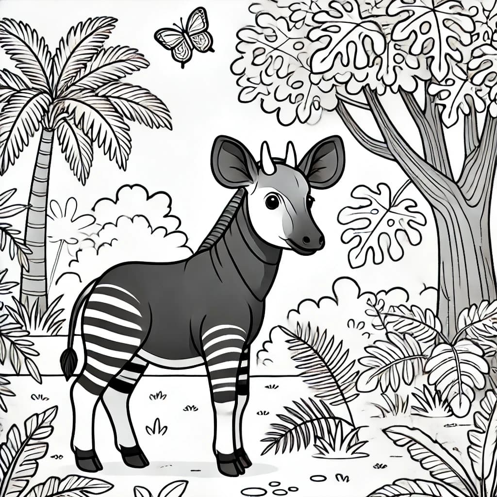 Ausmalbild - Okapi im Dschungel - Dschungel, Bäume, Blätter, Schmetterlinge