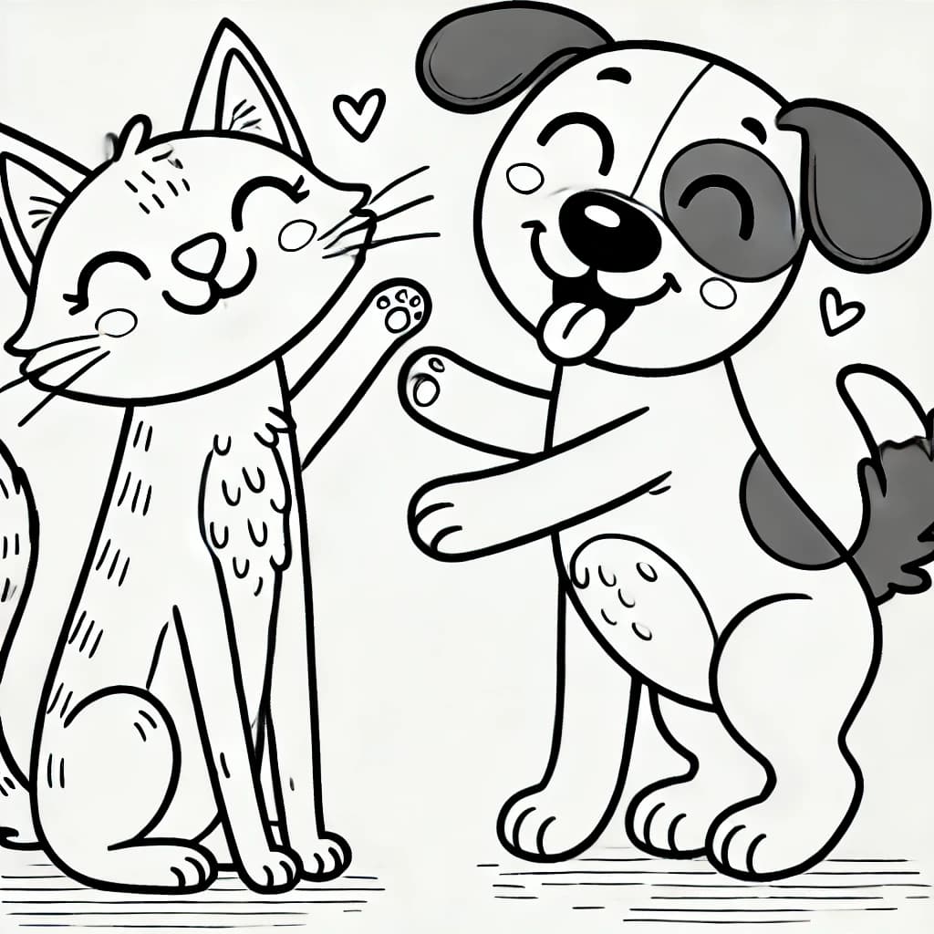 Ausmalbild - Kuschelfreunde – Katze und Hund - Katze, Hund, Umarmung, Freundschaft