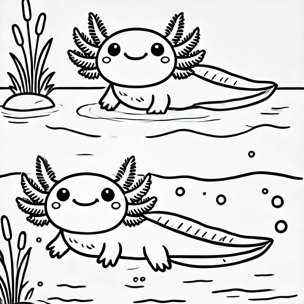Ausmalbild - Axolotl im Teich - Axolotl, Fisch, Teich, Wasser