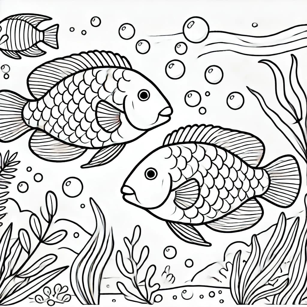 Ausmalbild - Zwei Papageienfische im Ozean - Papageienfisch, Fische, Meer, Unterwasser