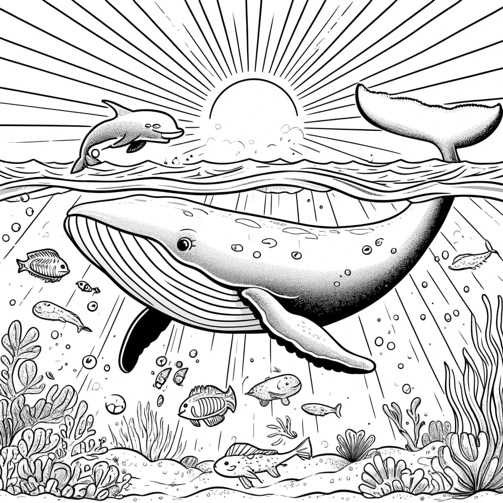 Ausmalbild - Der freundliche Wal im Ozean - Wal, Ozean, Sonnenlicht, Fische