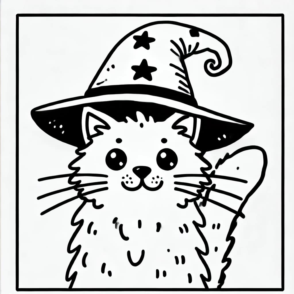 Ausmalbild - Die Zauberkatze mit dem großen Hut - Katze, Hexenhut, Magie, Tier