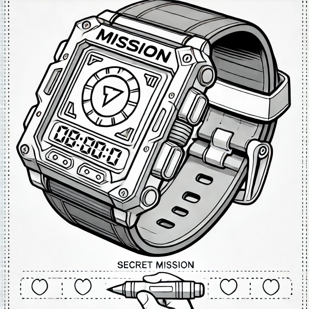 Ausmalbild - Superheldenuhr mit Geheimmission - Uhr, Superheld, Geheimmission, Technik