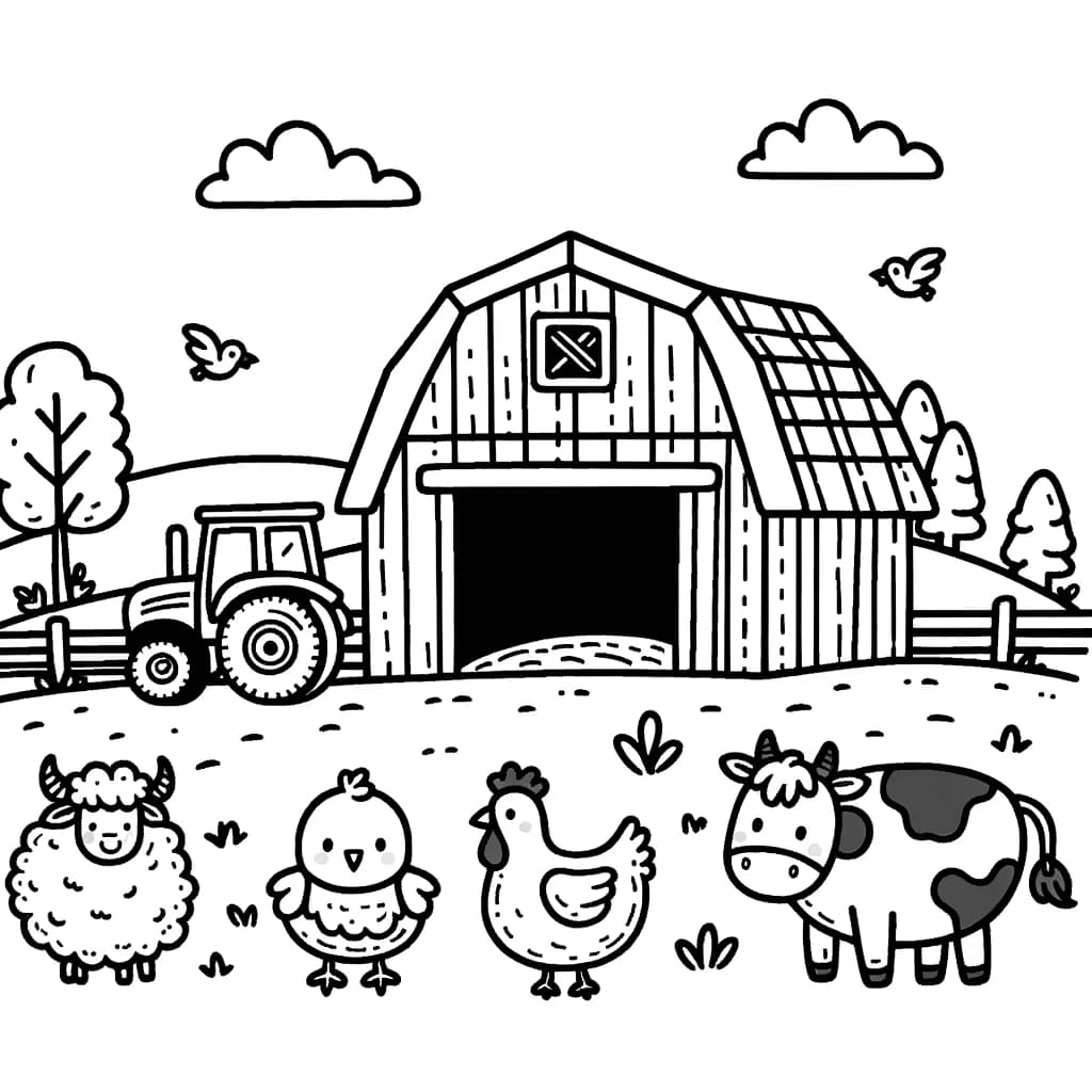 Ausmalbild - Fröhlicher Bauernhof - Bauernhof, Tiere, Scheune, Traktor