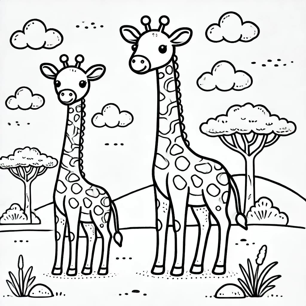 Ausmalbild - Zwei freundliche Giraffen - Giraffe, Savanne, Tiere, Natur