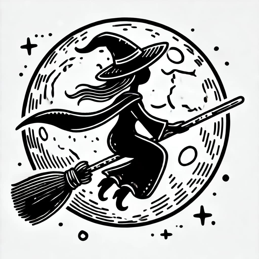 Ausmalbild - Hexe fliegt zum Mond - Hexe, Besen, Mond, Nacht
