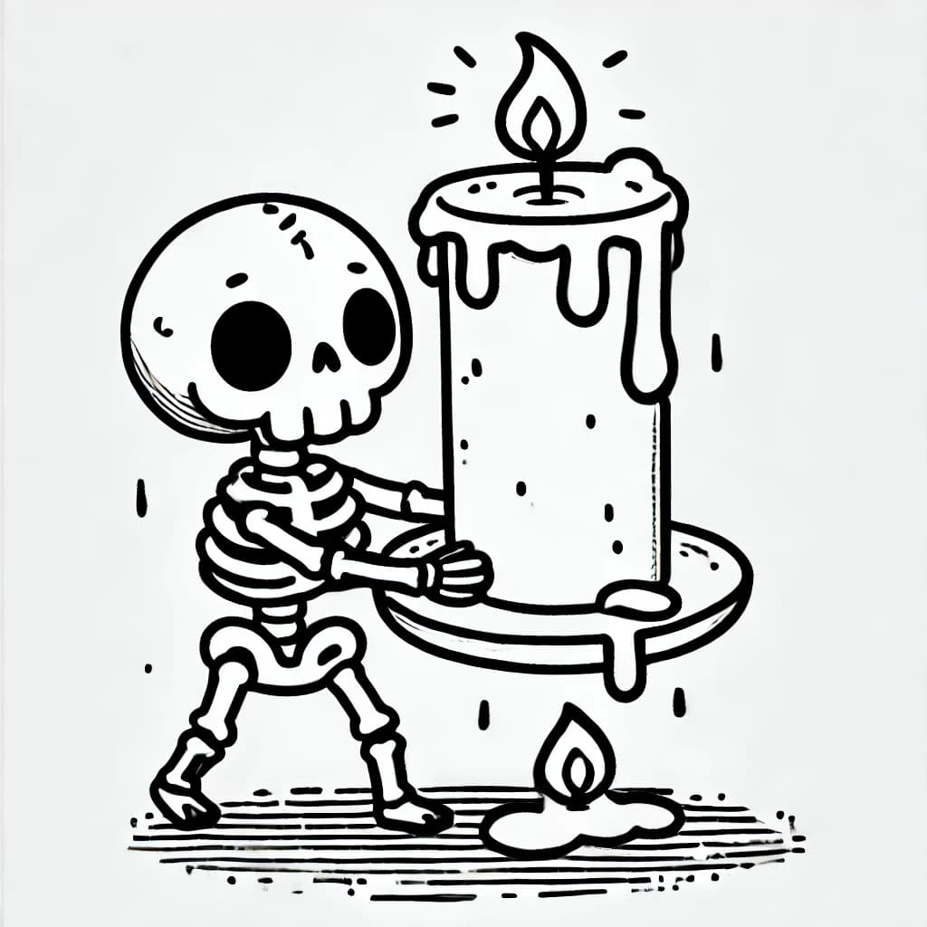 Ausmalbild - Das kleine Skelett mit der riesigen Kerze - Skelett, Kerze, Halloween, Nacht