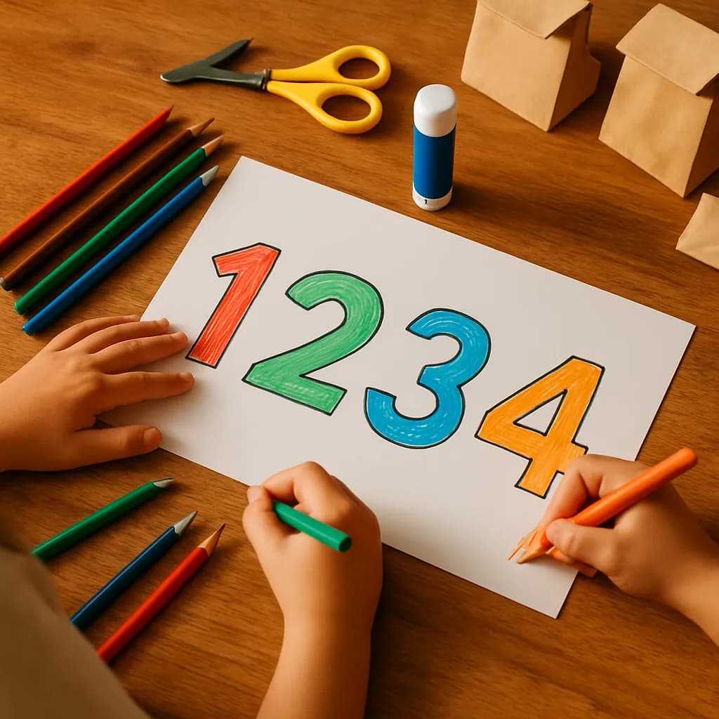 Kinderhaende malen ausgedruckte Umrisszahlen mit Buntstiften aus, daneben Schere, Klebestift und kleine Papiertueten zum Beschriften