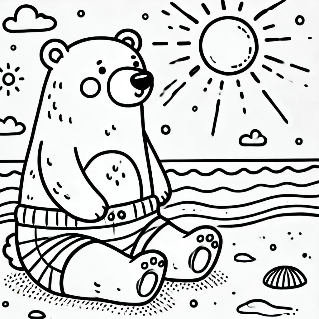 Ausmalbild - Eisbär in der Sonne - Eisbär, Badehose, Sonne, Strand