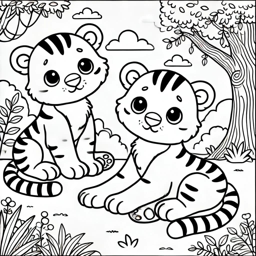 Ausmalbild - Zwei verspielte Tiger im Dschungel - Tiger, Dschungel, Tiere, Natur