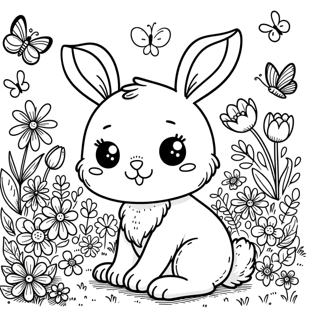 Ausmalbild - Fröhlicher Hase im Blumenwiese - Hase, Blumenwiese, Gänseblümchen, Tulpen