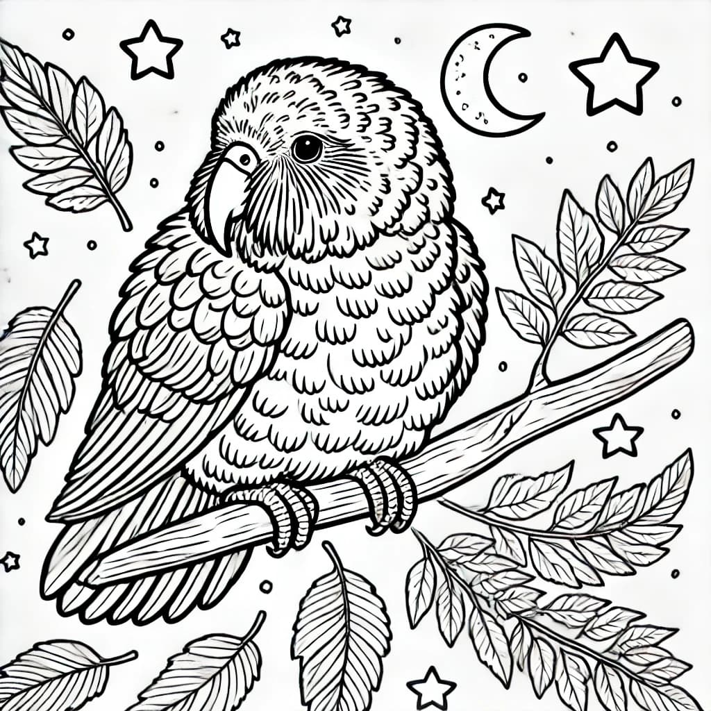 Ausmalbild - Kakapo auf einem Baum - Kakapo, Papagei, Baum, Nacht